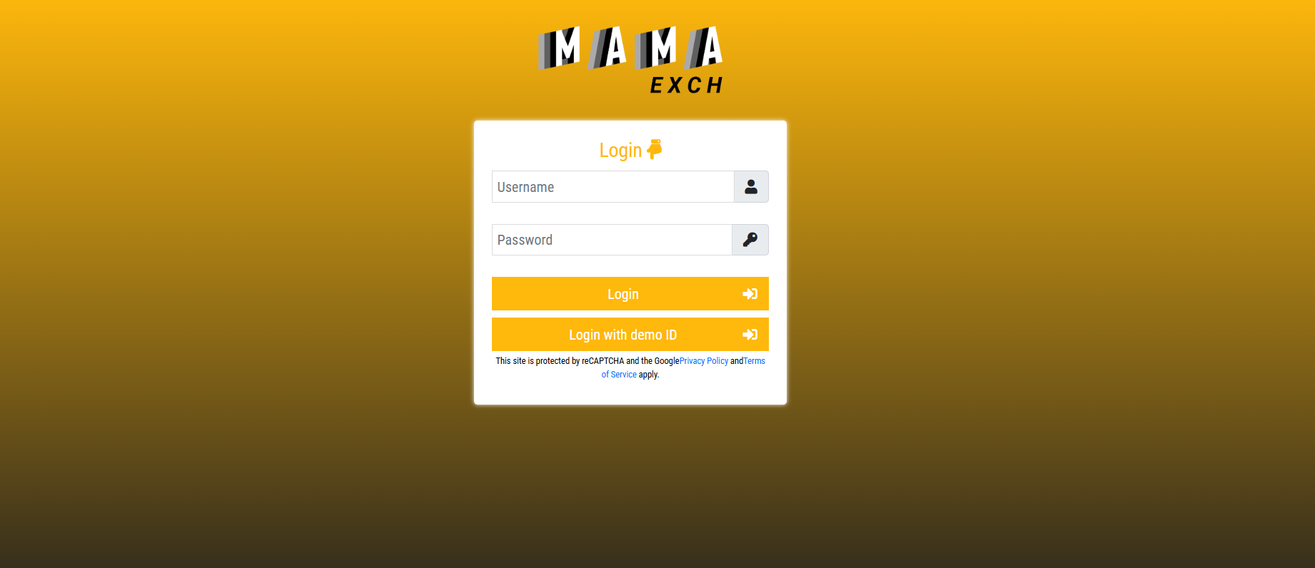 MamaExchange login screen showing username and password fields